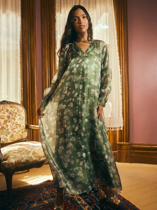 Caroline Dress | Green Blurry Magnolia