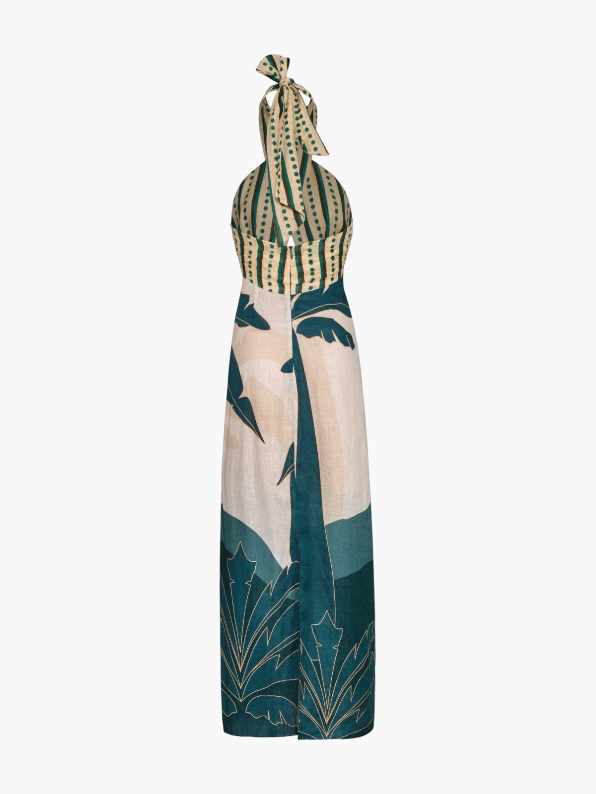 Costa del Sol Linen Midi Dress | Aquamarine Palms/Green Stripes Costa del Sol Linen Midi Dress | Aquamarine Palms/Green Stripes