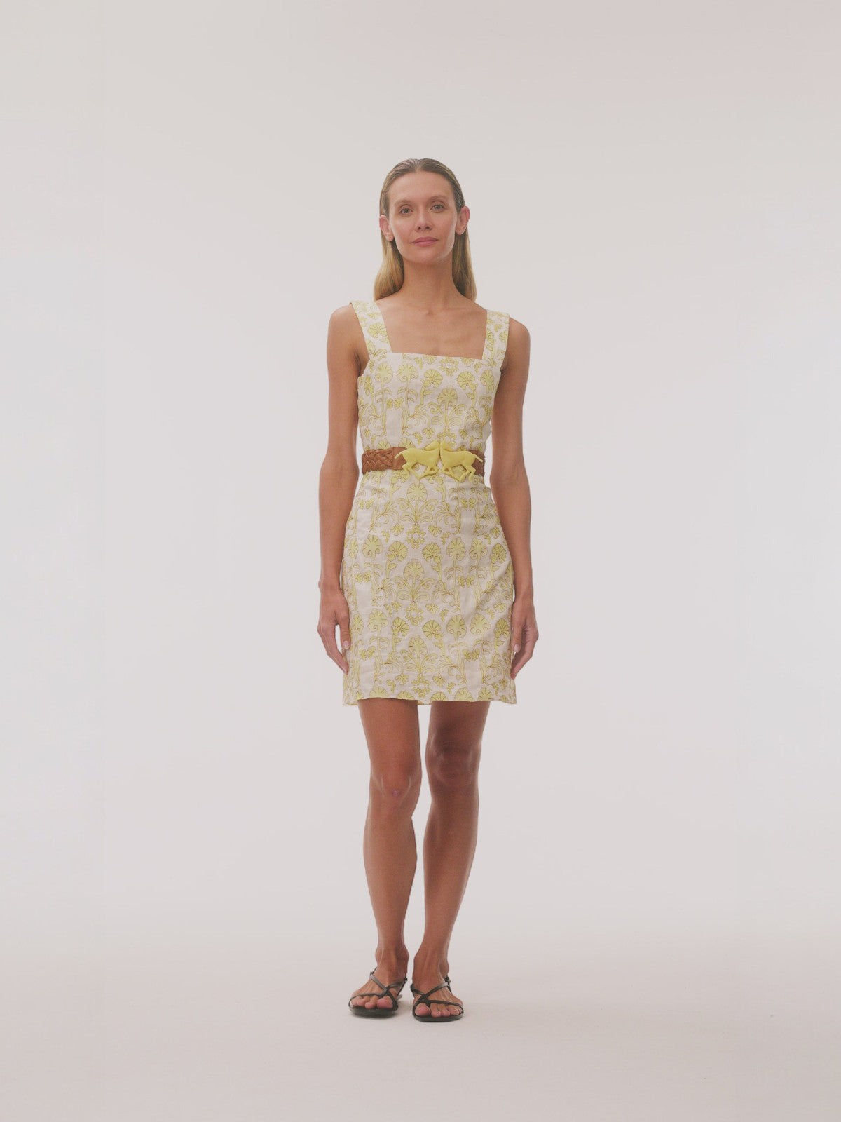 Micaela Embroidered Linen Mini Dress | Yellow Flowers Micaela Embroidered Linen Mini Dress | Yellow Flowers