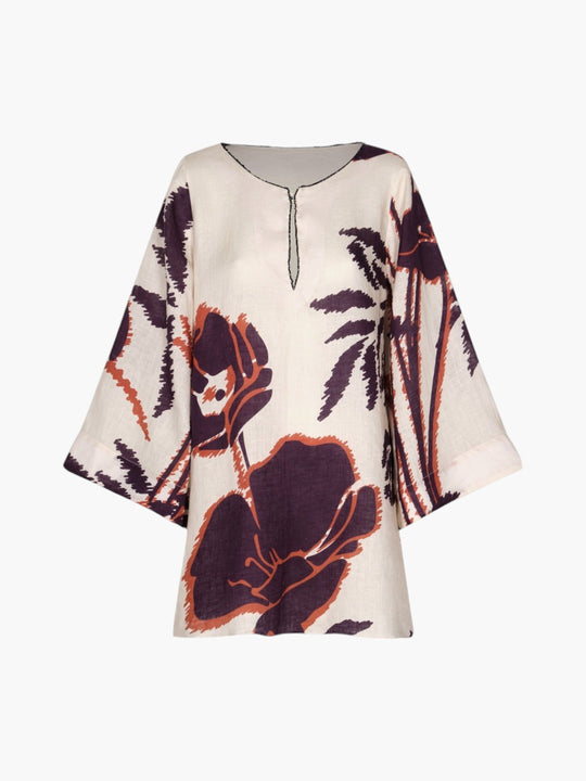 Nazare Linen Mini Tunic Dress | Ecru/Purple Gladiolos