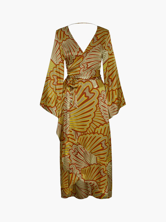 Pacífico Satin Silk Midi Dress | Yellow Intricate Shells