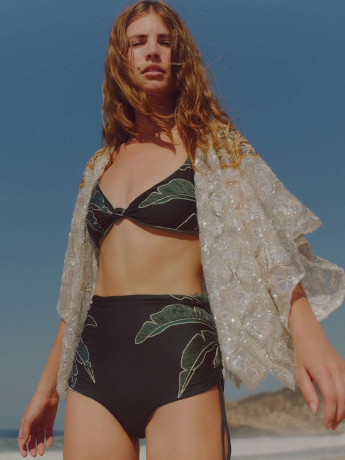 Victoria Hand Embroidered Bottom | Aquamarine Palms/Metallic Mint Victoria Hand Embroidered Bottom | Aquamarine Palms/Metallic Mint