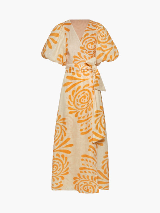 Ermita Linen Midi Dress | Ecru Yellow Arabesque