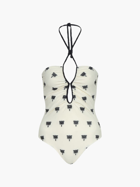 Saint Tropez Embroidered One PIece | Ivory/Black Polka Palms