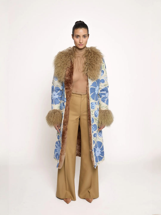 Aisara Wrap Coat - S | Blue Print/White