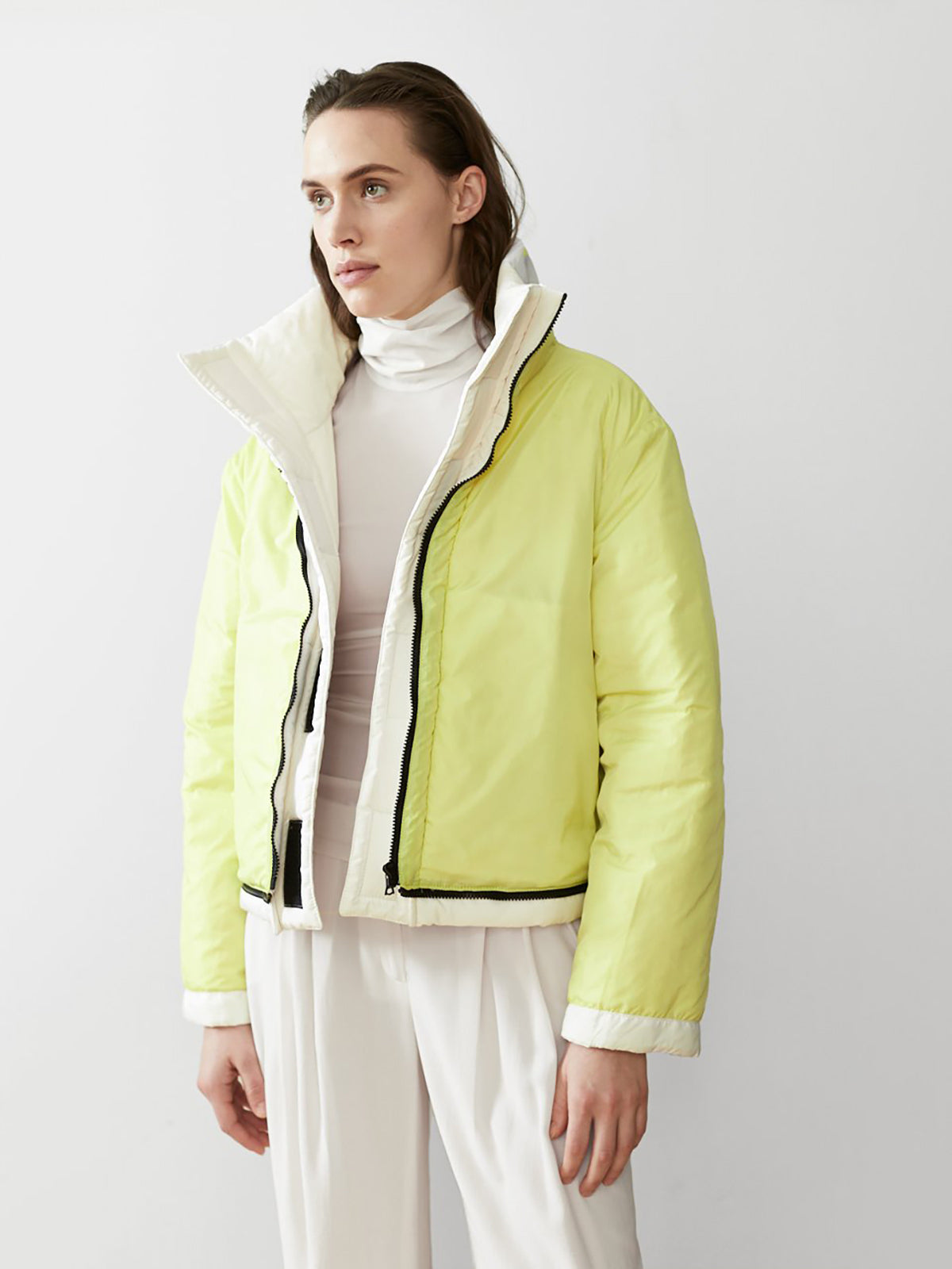 Reversible Cropped Sustainable Down Coat | White/Citron Reversible Cropped Sustainable Down Coat | White/Citron