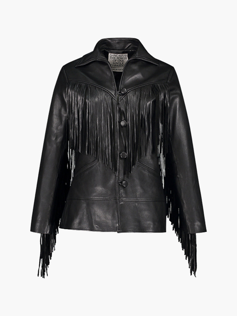 Men's Black Genuine Cowhide Mid-Western Cowboy Fringe Tassel