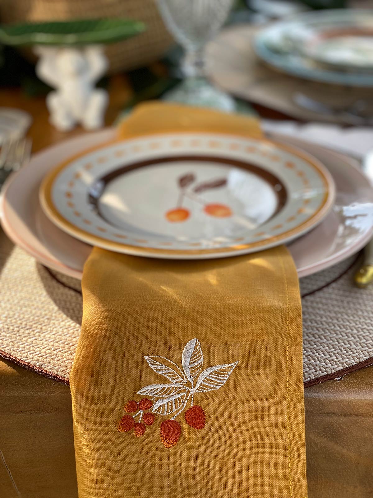 Embroidered Linen Napkins | Chontaduro Fruit Embroidered Linen Napkins | Chontaduro Fruit