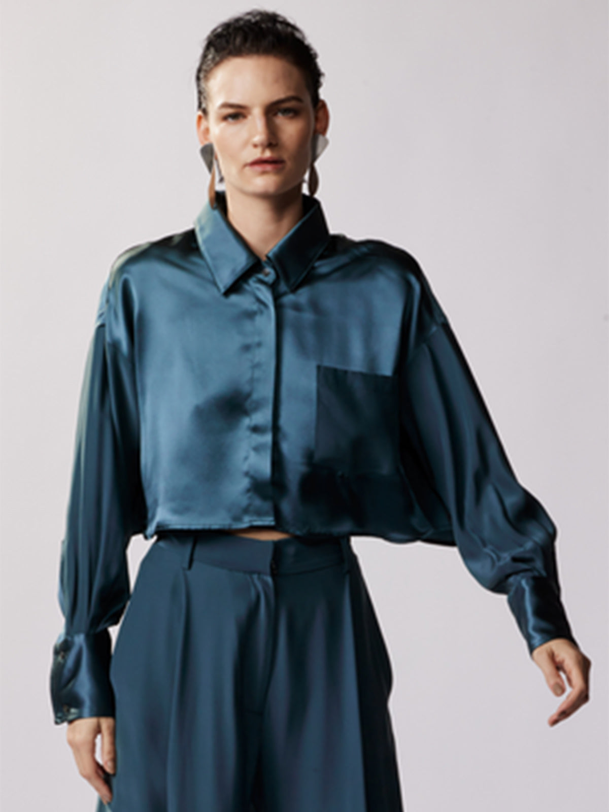 Cropped Oversized Satin Button Up | Forest Cropped Oversized Satin Button Up | Forest