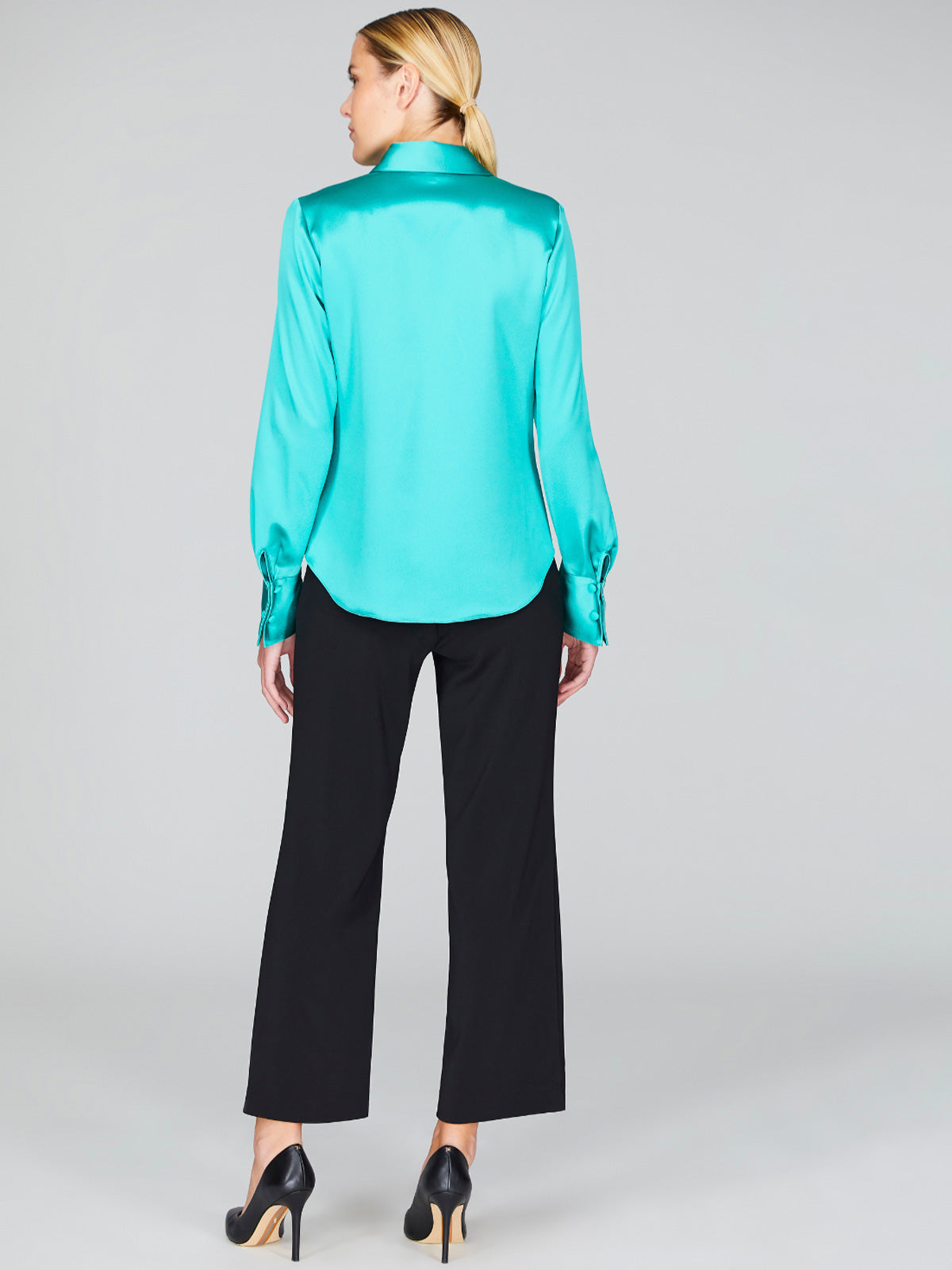 Satin Button Down Collared Shirt With Relaxed Sleeve | Celadon Satin Button Down Collared Shirt With Relaxed Sleeve | Celadon