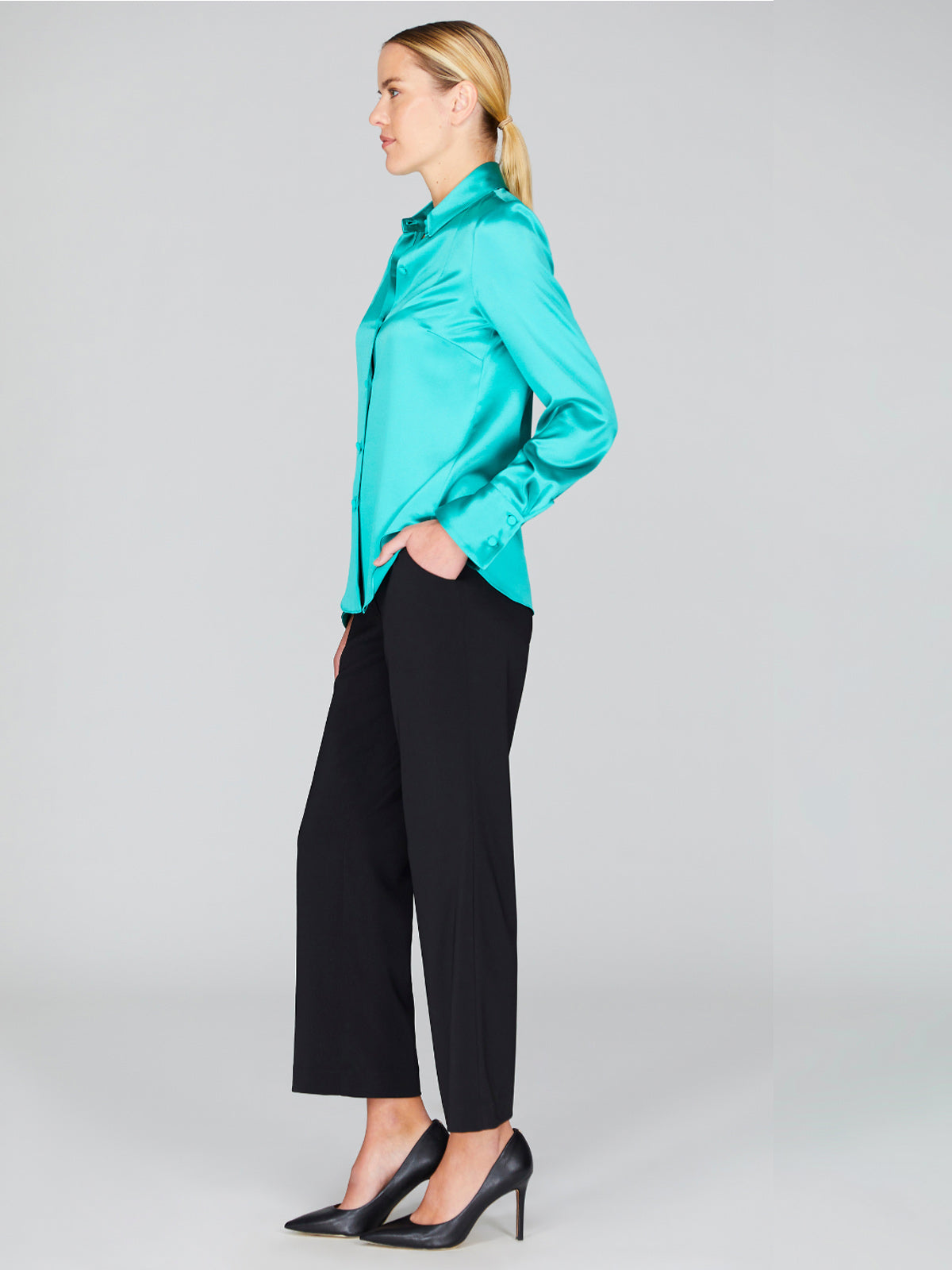 Satin Button Down Collared Shirt With Relaxed Sleeve | Celadon Satin Button Down Collared Shirt With Relaxed Sleeve | Celadon