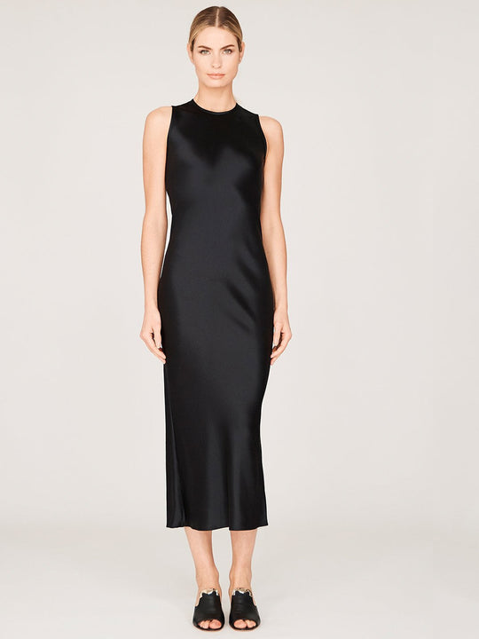 Satin Crew Neck Bias Dress | Black