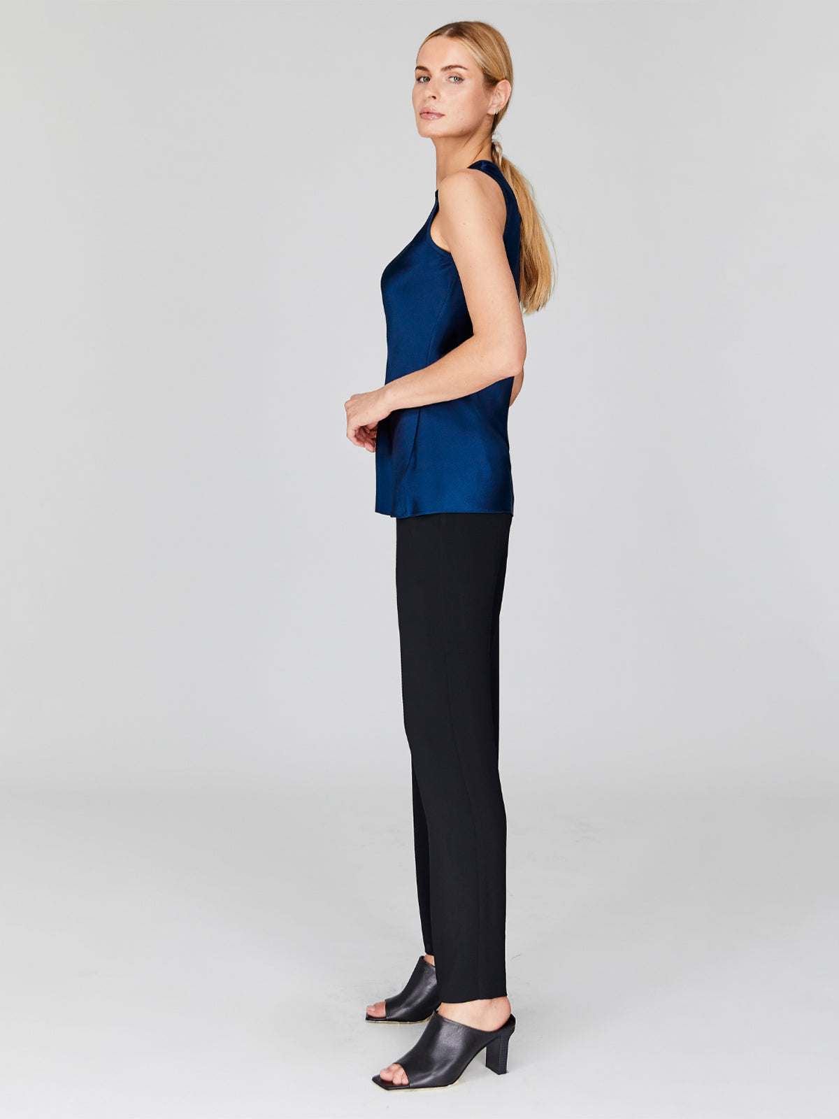 Satin Crew Neck Bias Tank | Marine Satin Crew Neck Bias Tank | Marine