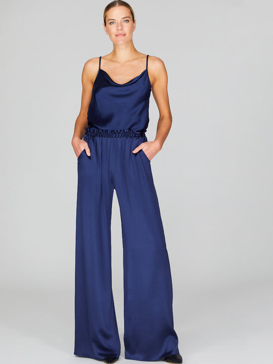 Satin Pajama Pant With Elastic Waist | Marine