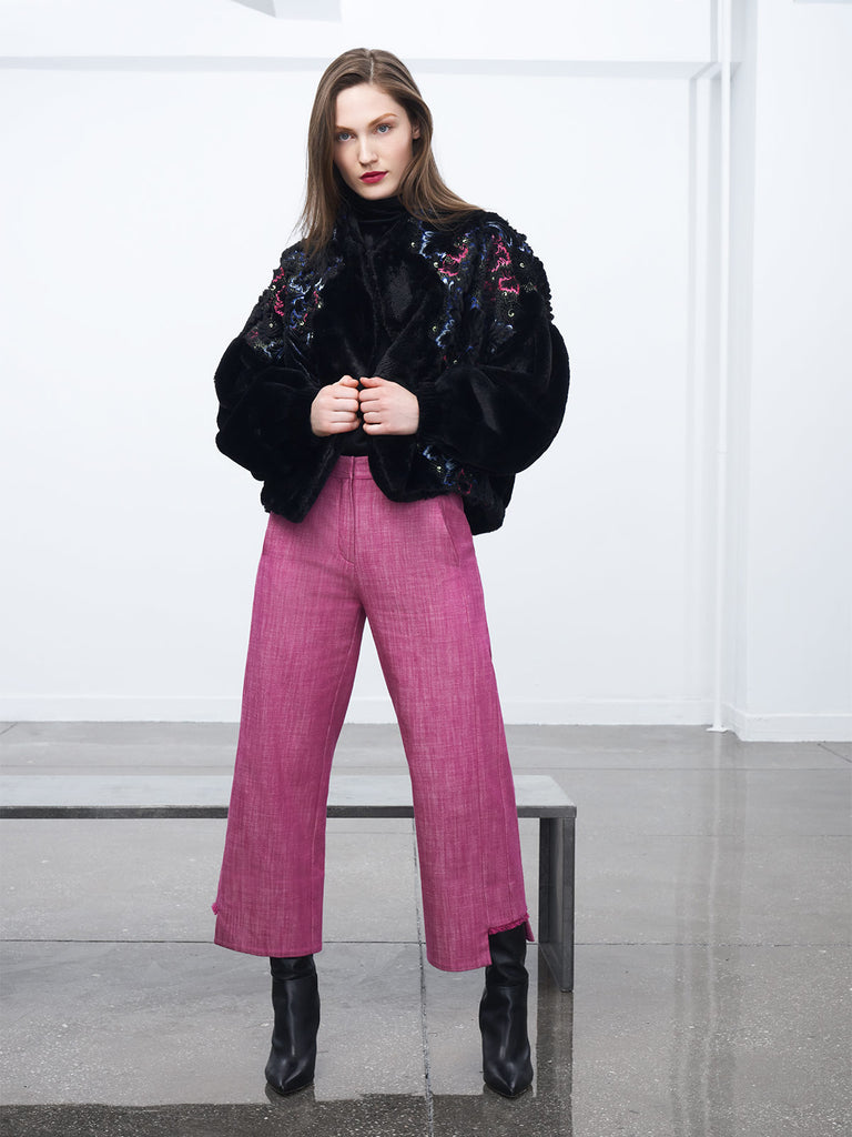 Washed Denim Pants with Fringe Hem