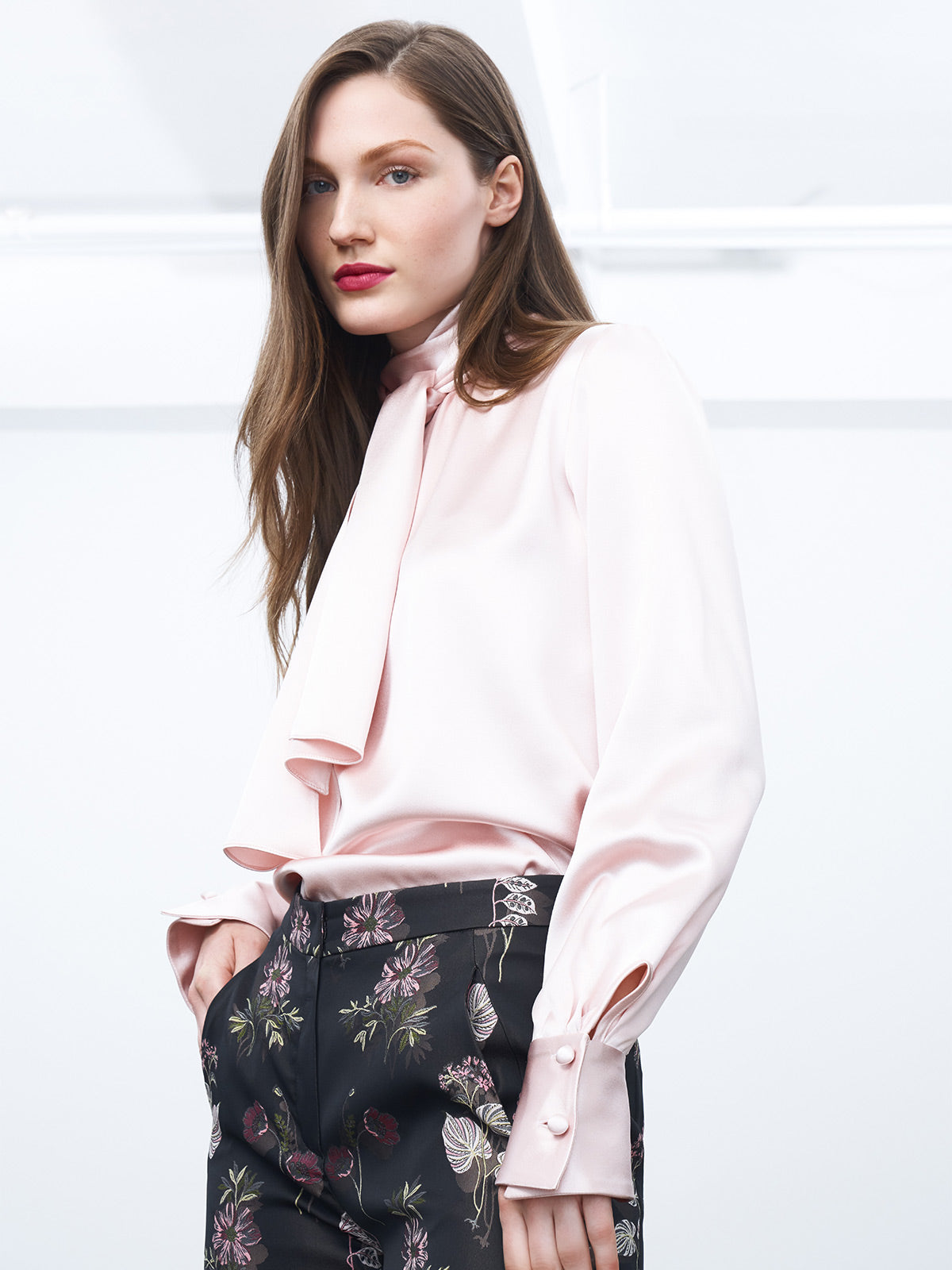 Satin Tie Neck Blouse With Relaxed Sleeves | Petal Satin Tie Neck Blouse With Relaxed Sleeves | Petal