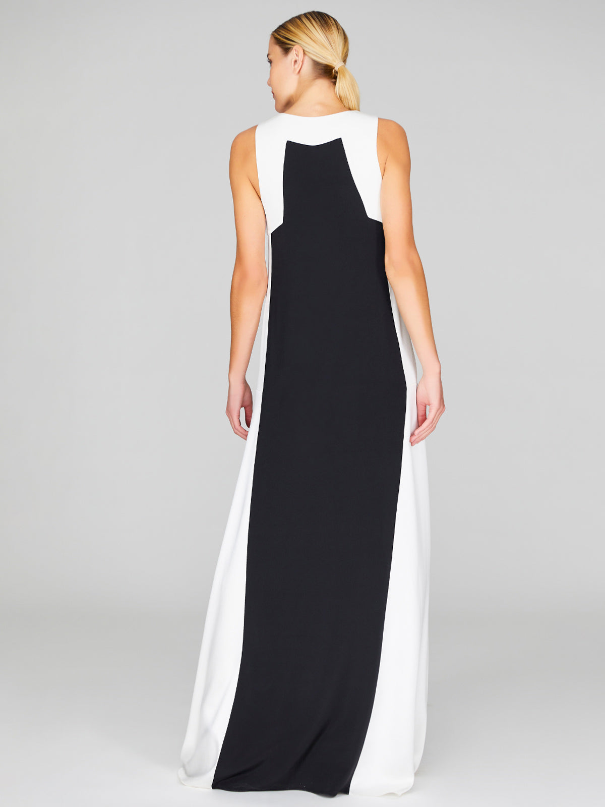 Satin V-Neck Gown With Contrast Panels Satin V-Neck Gown With Contrast Panels
