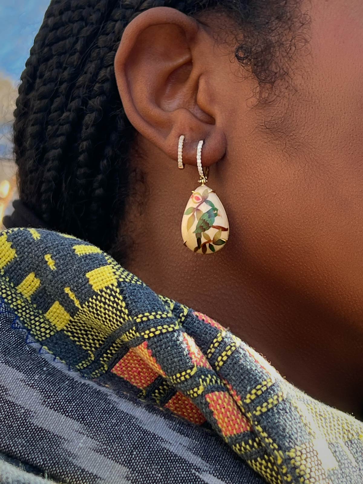 Drop Marquetry Earrings | Guava and Parrot on Cream Drop Marquetry Earrings | Guava and Parrot on Cream