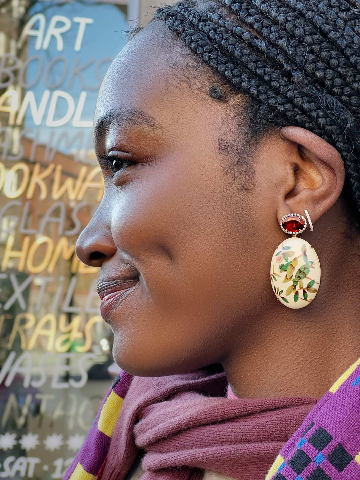 Oval Marquetry Earrings | Guava and Parrot with Citrine & Diamonds Oval Marquetry Earrings | Guava and Parrot with Citrine & Diamonds