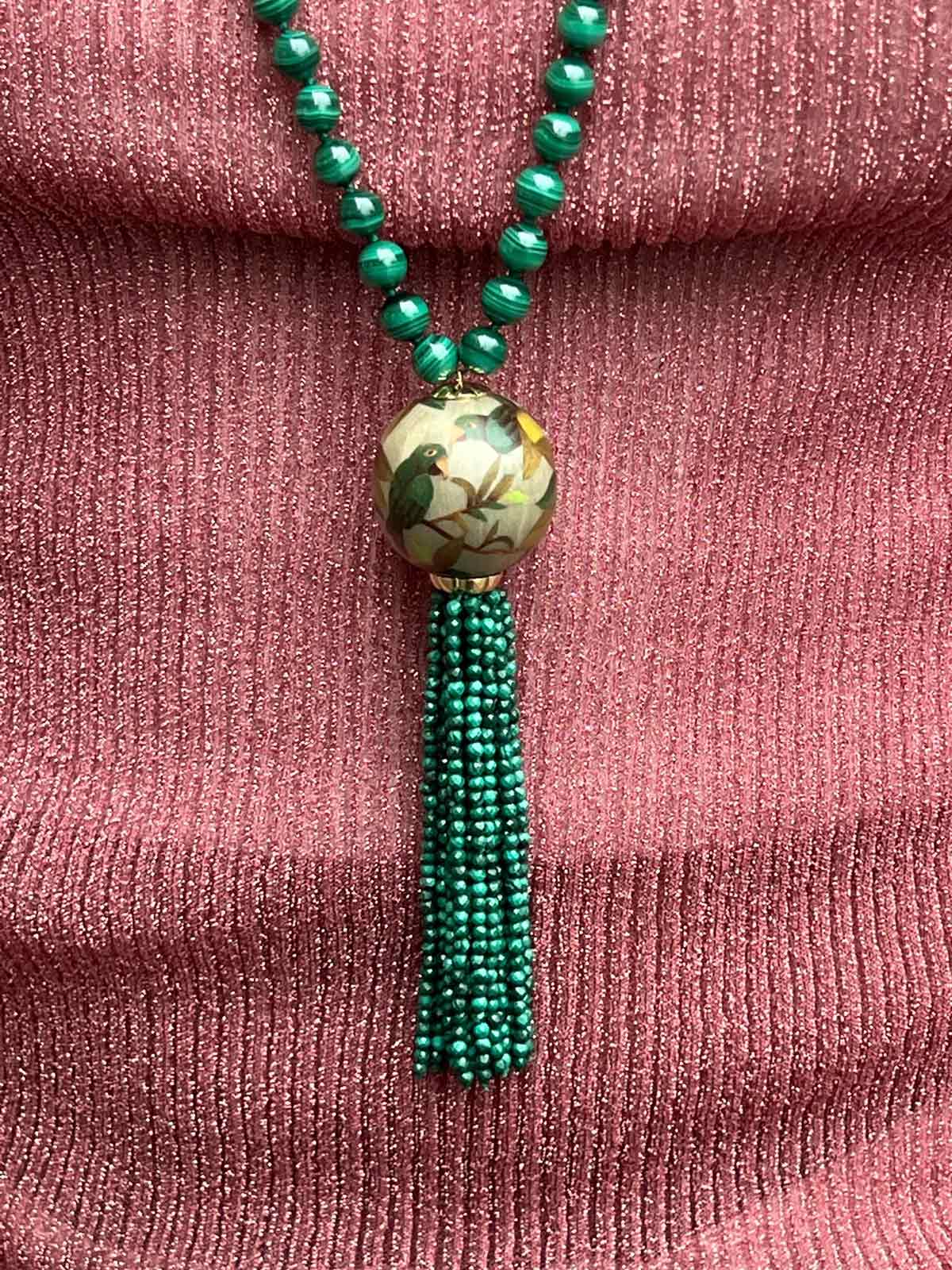 Green Malachite Mala Necklace | Guava and Parrot on Taupe Green Malachite Mala Necklace | Guava and Parrot on Taupe