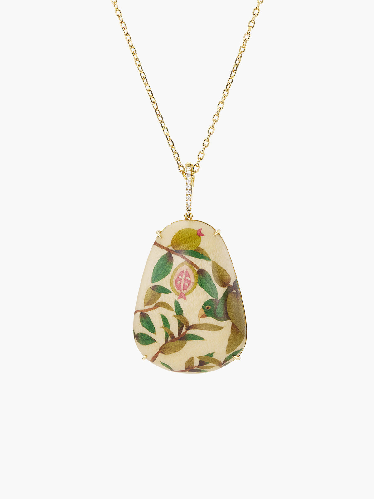 Marquetry Necklace | Guava and Parrot on Cream Marquetry Necklace | Guava and Parrot on Cream