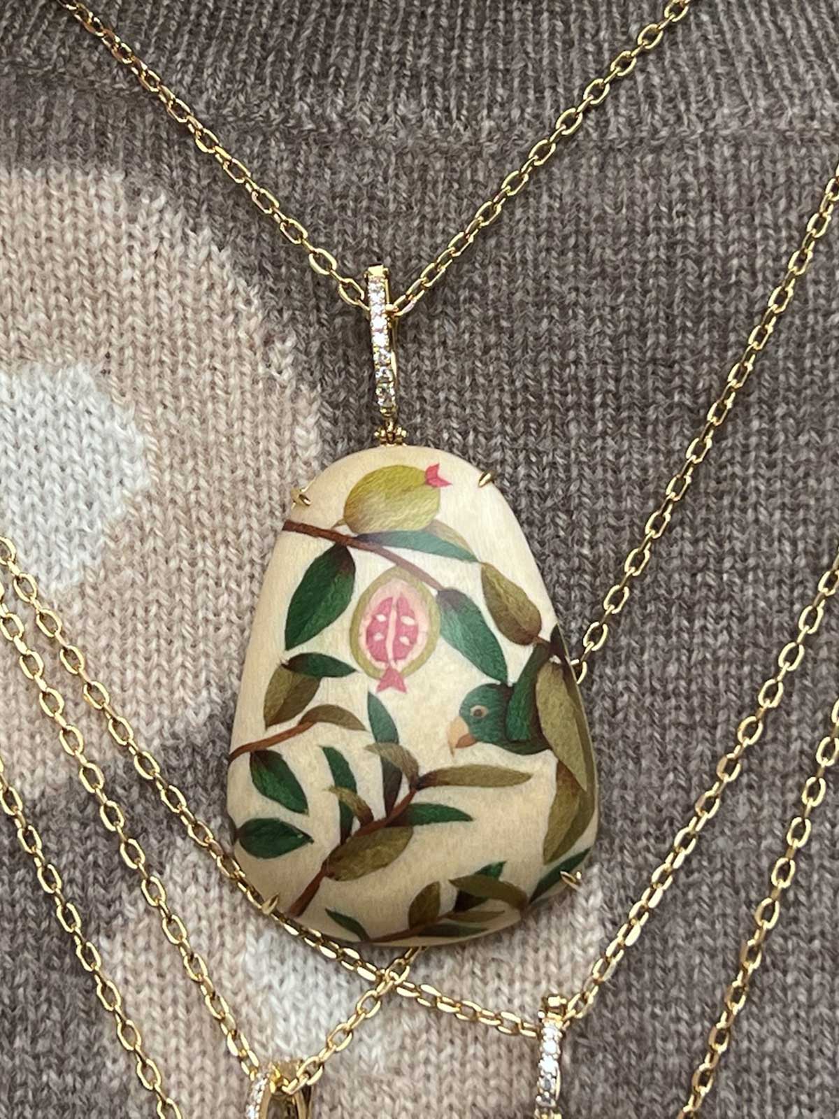 Marquetry Necklace | Guava and Parrot on Cream Marquetry Necklace | Guava and Parrot on Cream