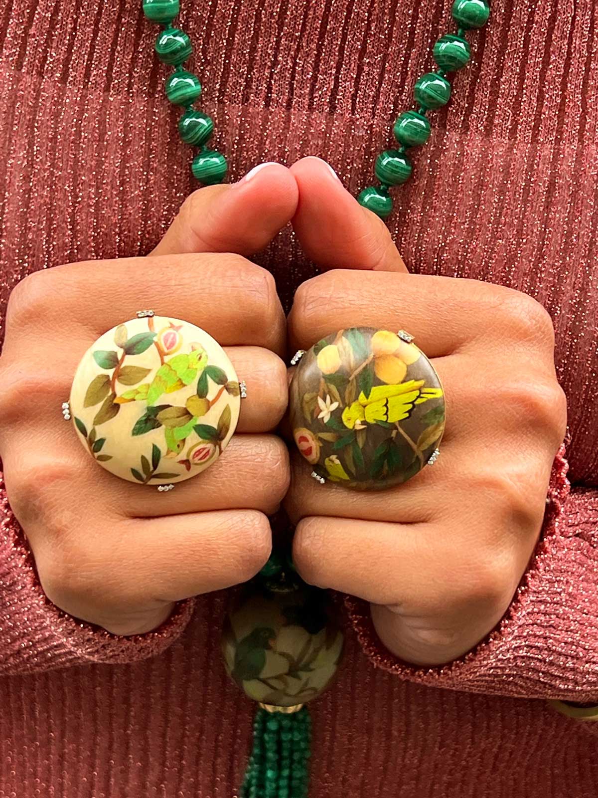 Marquetry Cocktail Ring | Guava and Parrot on Brown Marquetry Cocktail Ring | Guava and Parrot on Brown