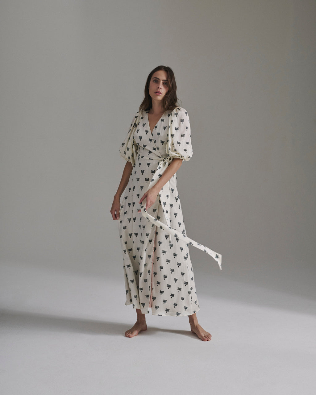 Ermita Martellato Silk Midi Dress | Ivory/Black Polka Palms