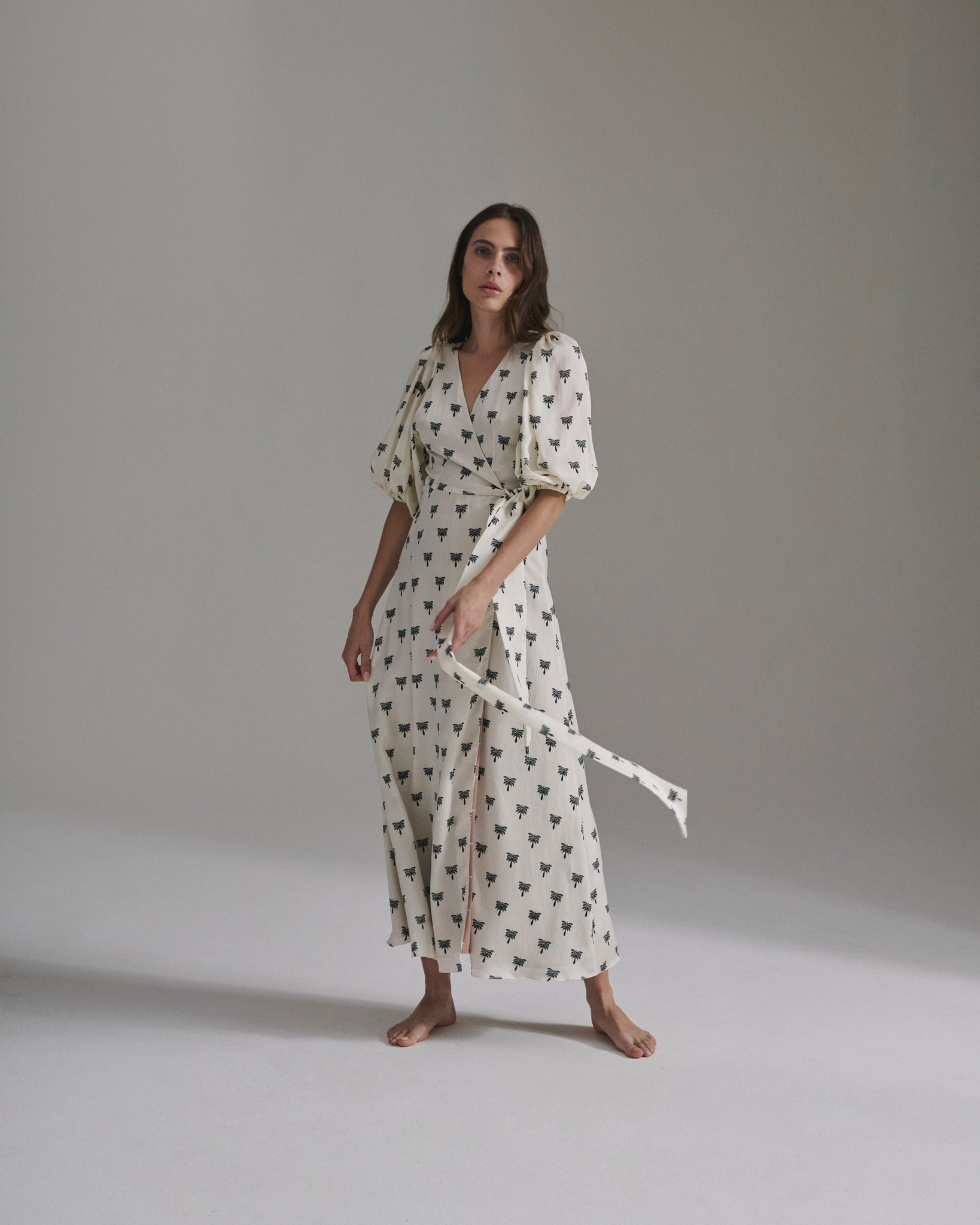 Ermita Martellato Silk Midi Dress | Ivory/Black Polka Palms