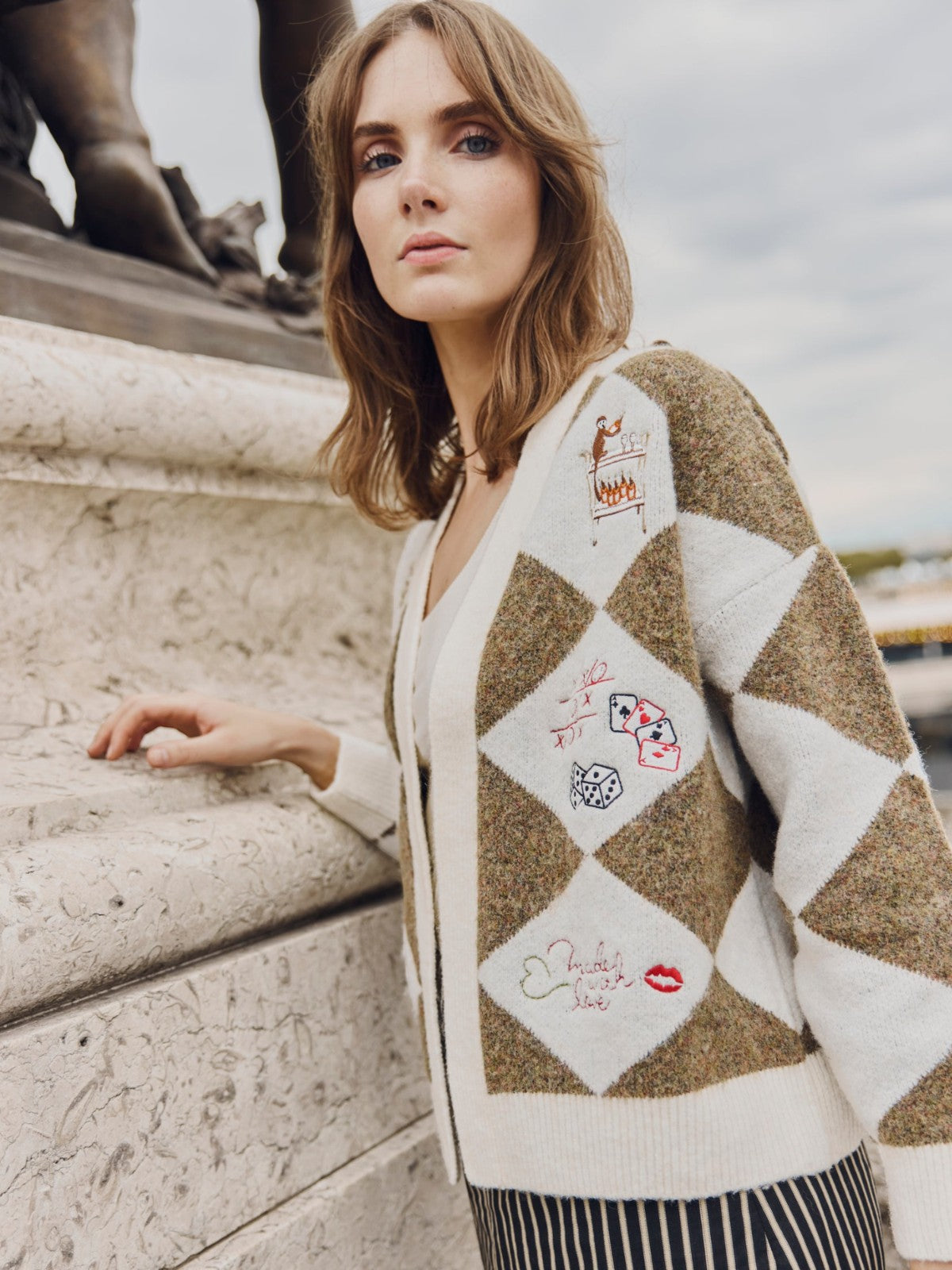 Argyle Party Cardigan | Brown & Tan Check with Patchwork