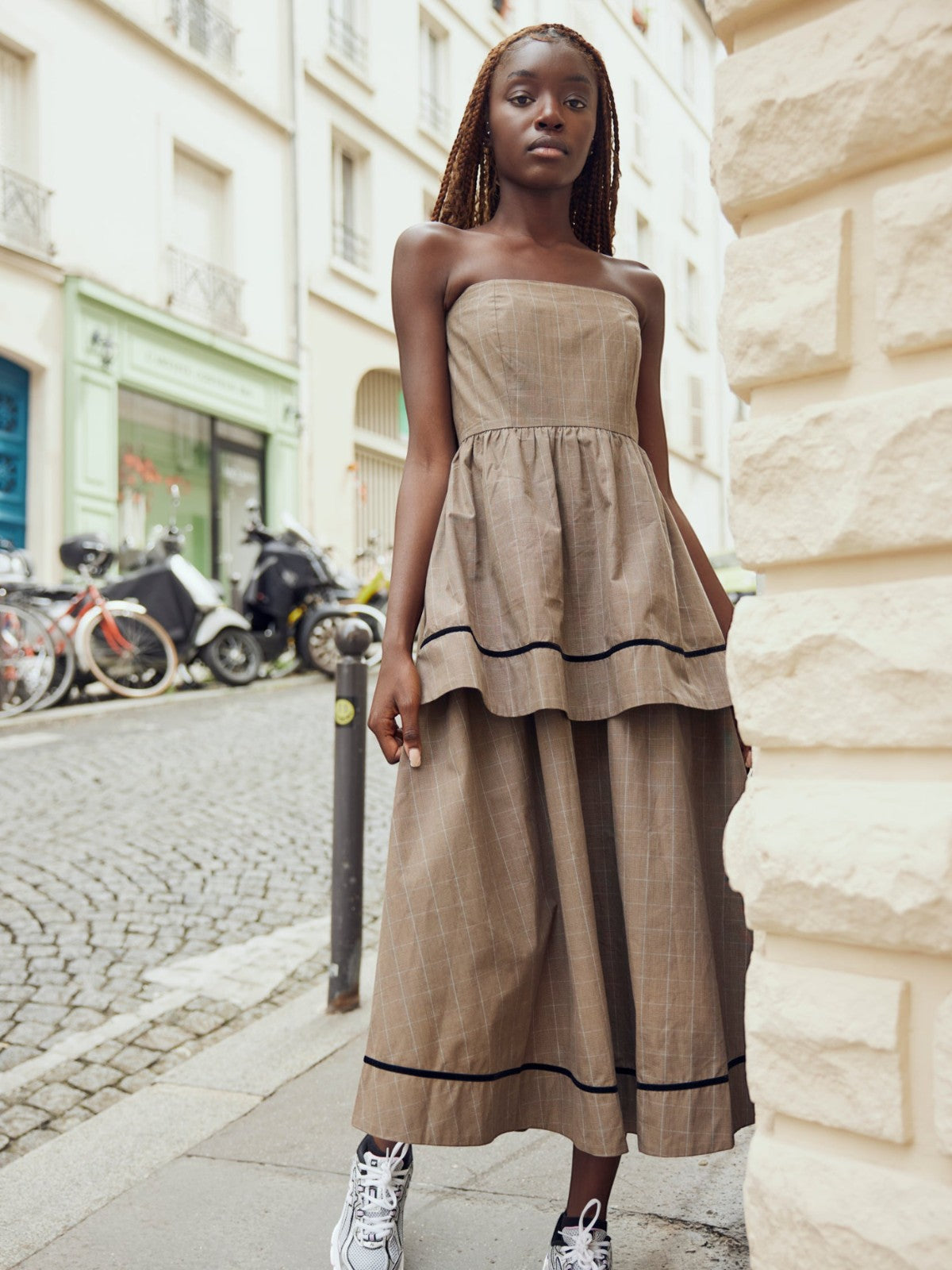 Daisy Dress | Coco Check with Baby Blue Pinstripe