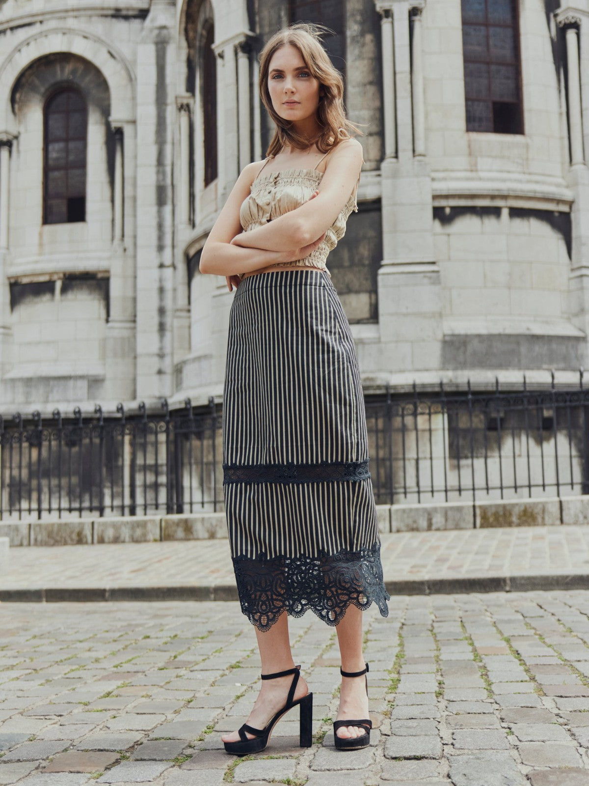 Lacey Midi Skirt | Black & Khaki Stripe Lacey Midi Skirt | Black & Khaki Stripe