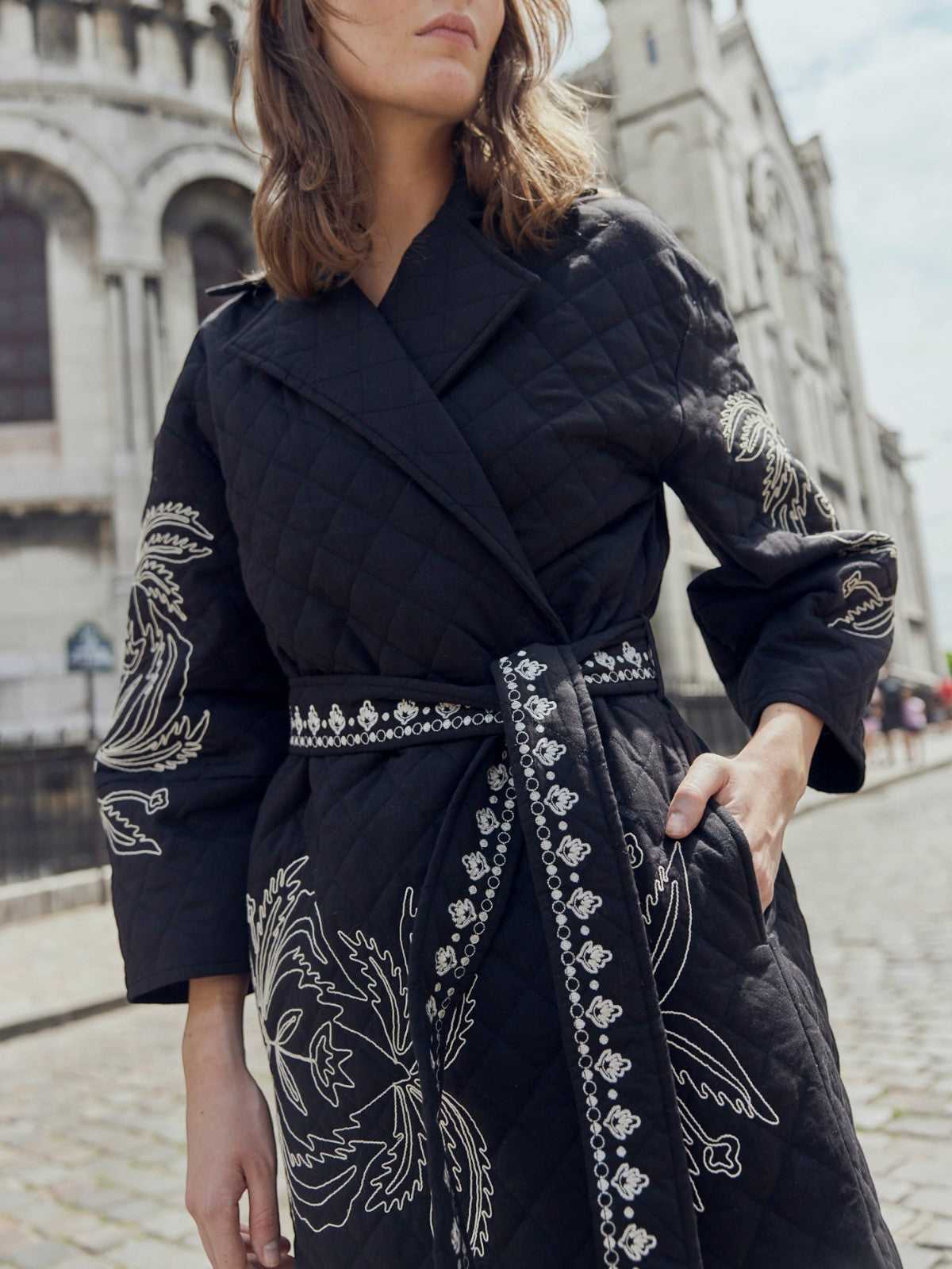 Palak Embroidered Quilted Wrap Jacket | Black