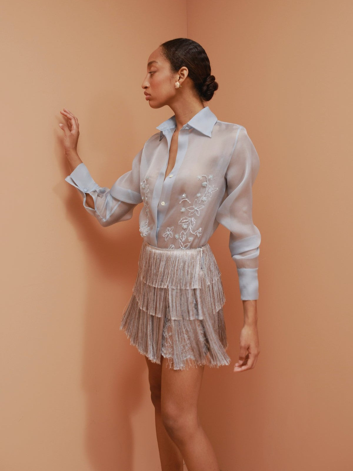 Aster Hand-Embroidered Organza Blouse | Blue