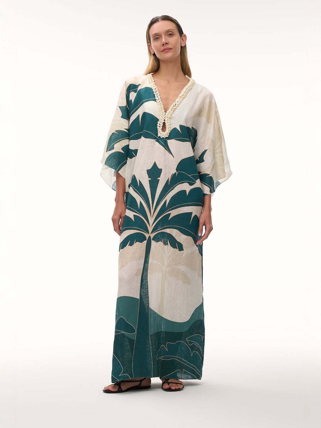Andina Hand Embroidered Linen Tunic | Aquamarine Palms