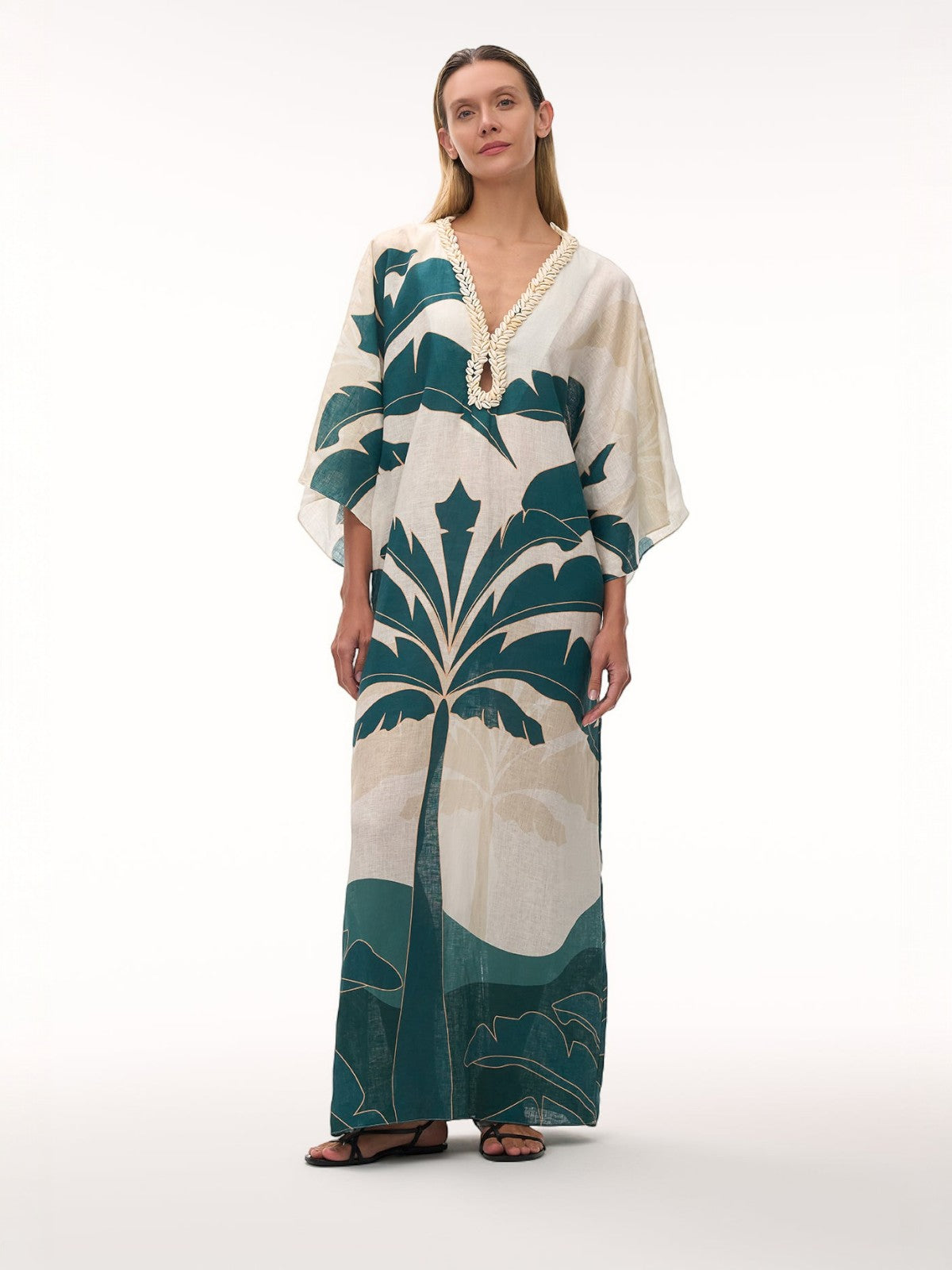 Andina Hand Embroidered Linen Tunic | Aquamarine Palms
