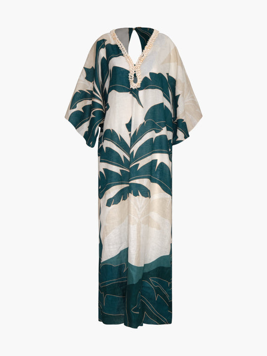 Andina Hand Embroidered Linen Tunic | Aquamarine Palms