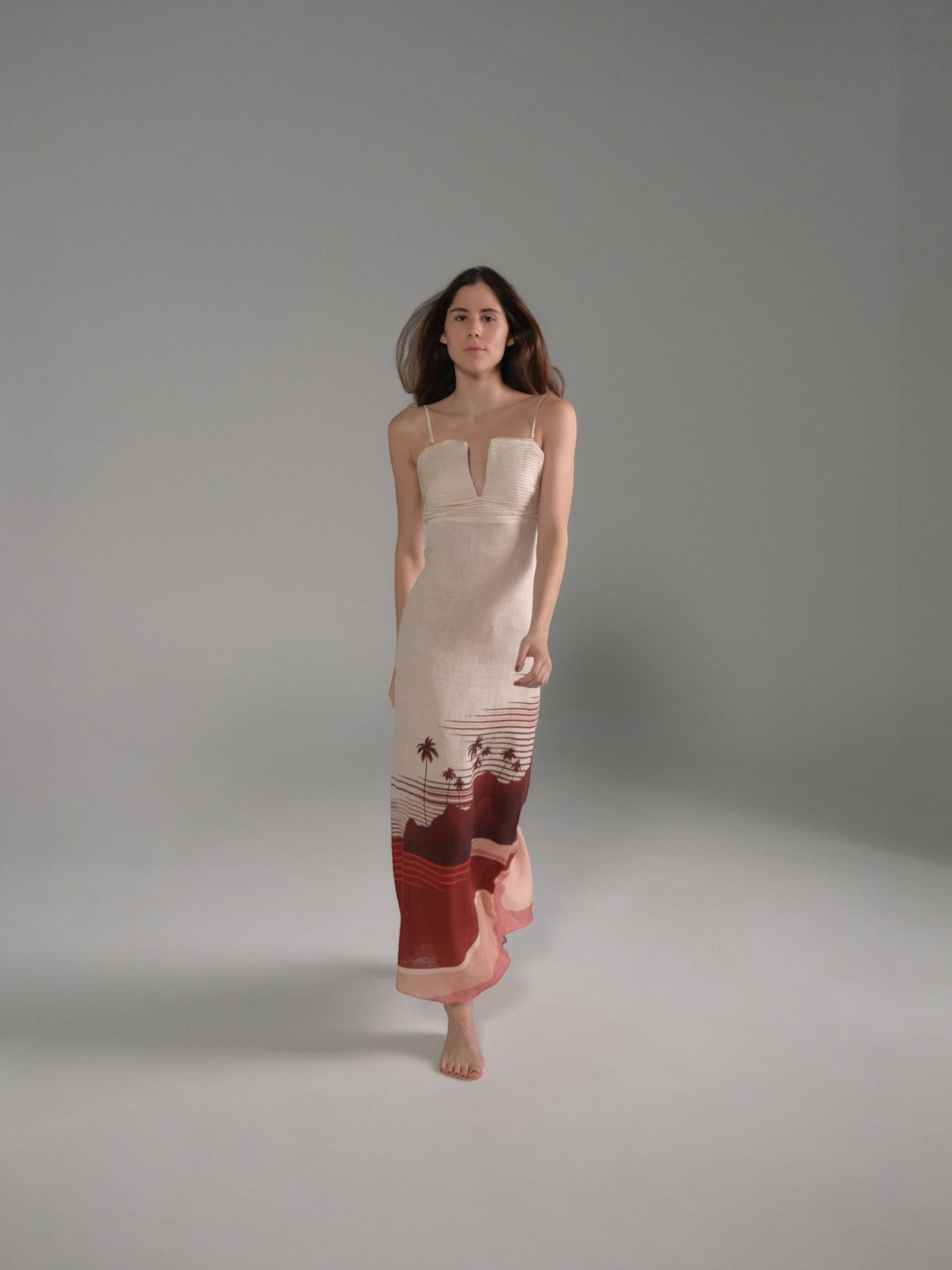 Antigüa Linen Midi Dress | Red Tropical Landscape