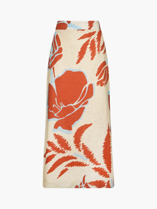 Beatrice Linen Midi Skirt | Ecru/Orange Gladiolos