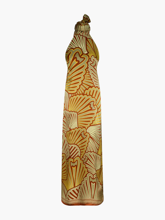 Costa Pacifica Satin Silk Midi Dress | Yellow Intricate Shells