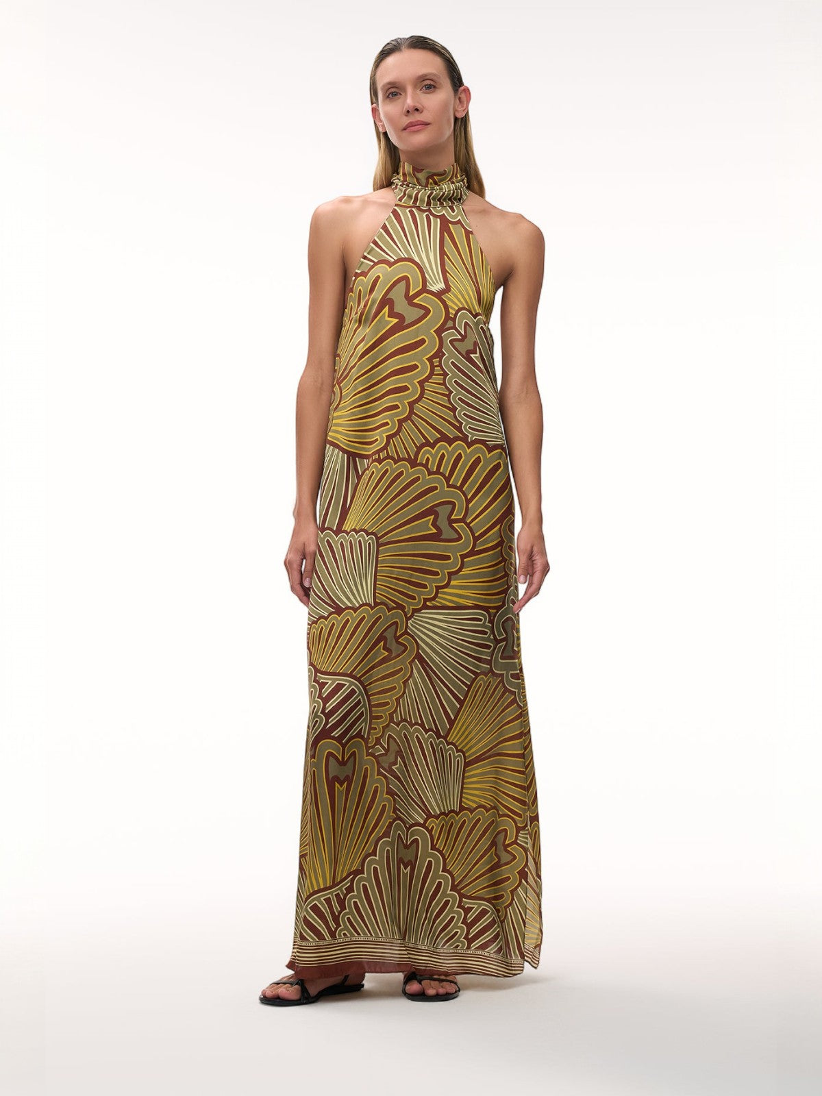 Costa Pacifica Satin Silk Midi Dress | Yellow Intricate Shells Costa Pacifica Satin Silk Midi Dress | Yellow Intricate Shells