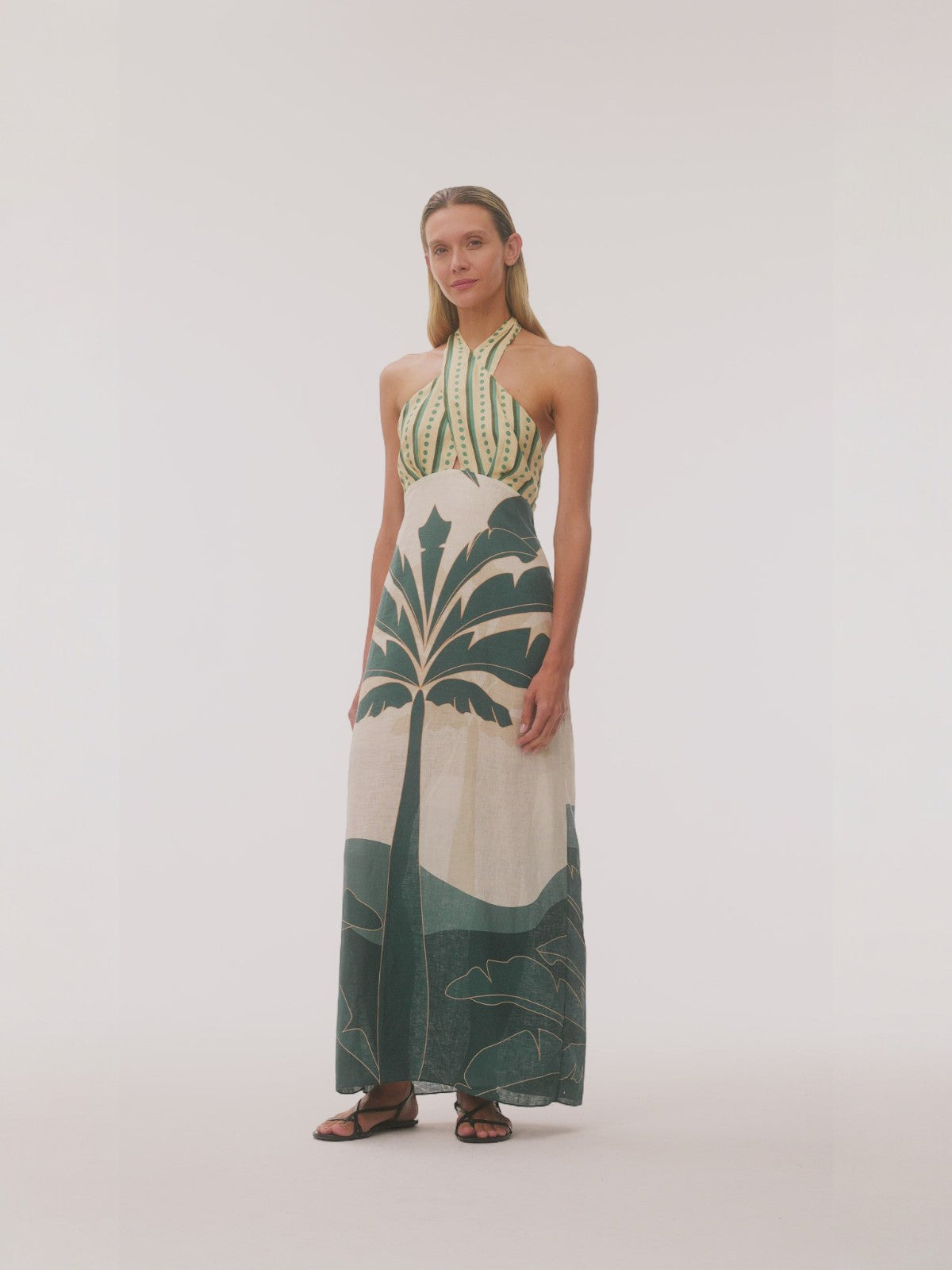 Costa del Sol Linen Midi Dress | Aquamarine Palms/Green Stripes Costa del Sol Linen Midi Dress | Aquamarine Palms/Green Stripes