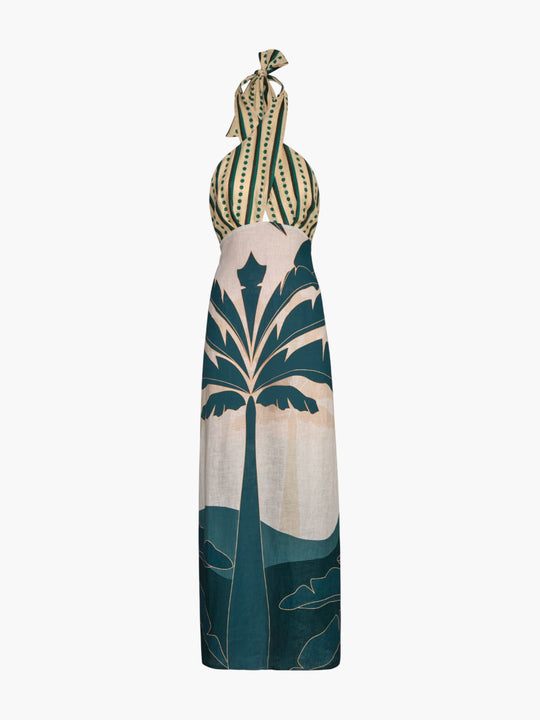 Costa del Sol Linen Midi Dress | Aquamarine Palms/Green Stripes