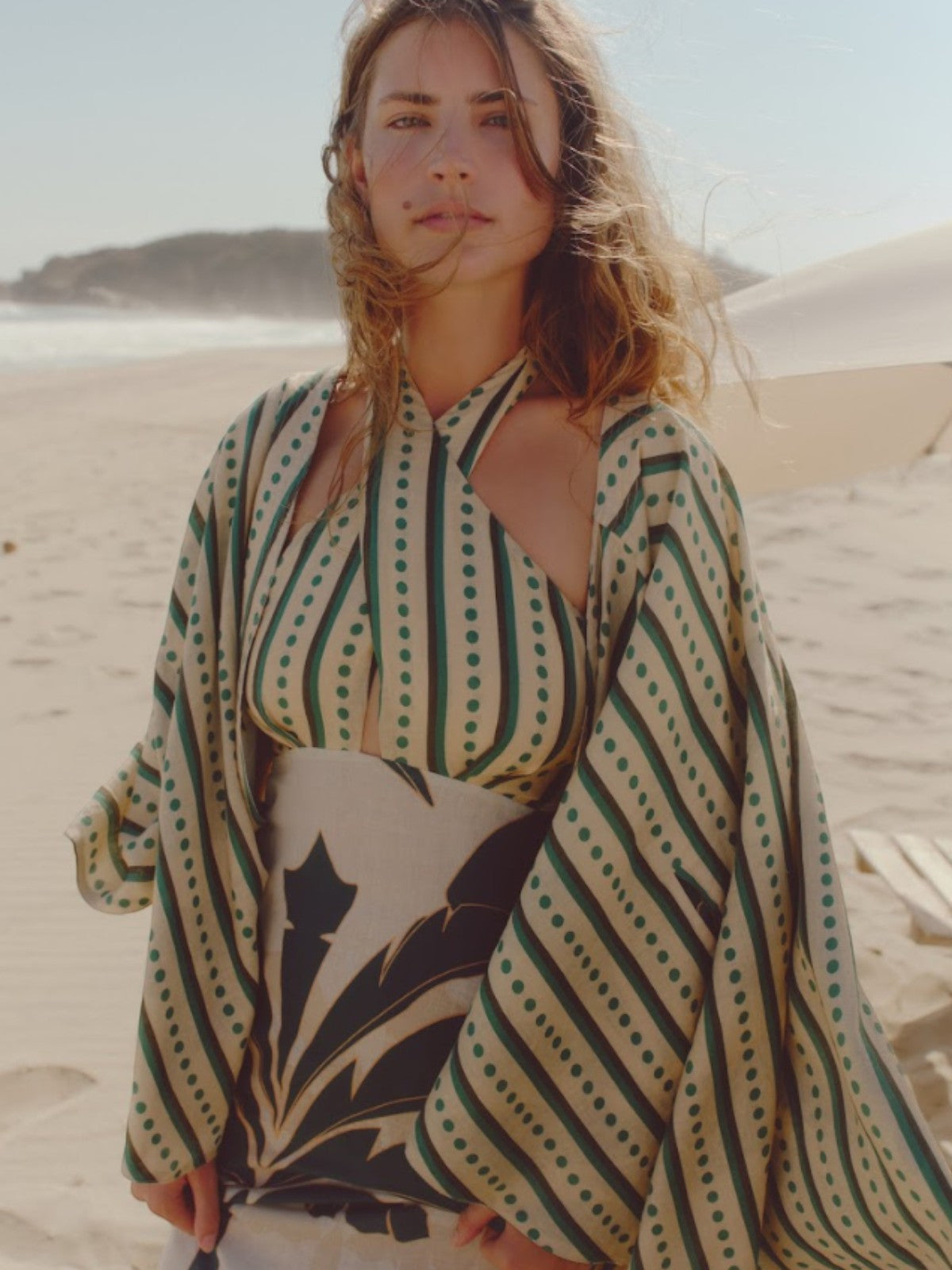 Costa del Sol Linen Midi Dress | Aquamarine Palms/Green Stripes