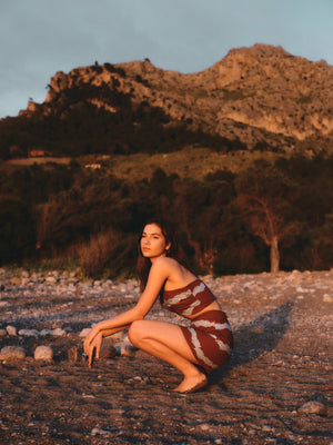 Carmelita Hand Embroidered Cotton Mini Skirt | Chocolate Striped Helechos Carmelita Hand Embroidered Cotton Mini Skirt | Chocolate Striped Helechos