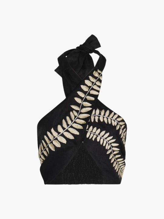 Emilia Embroidered Linen Top | Black