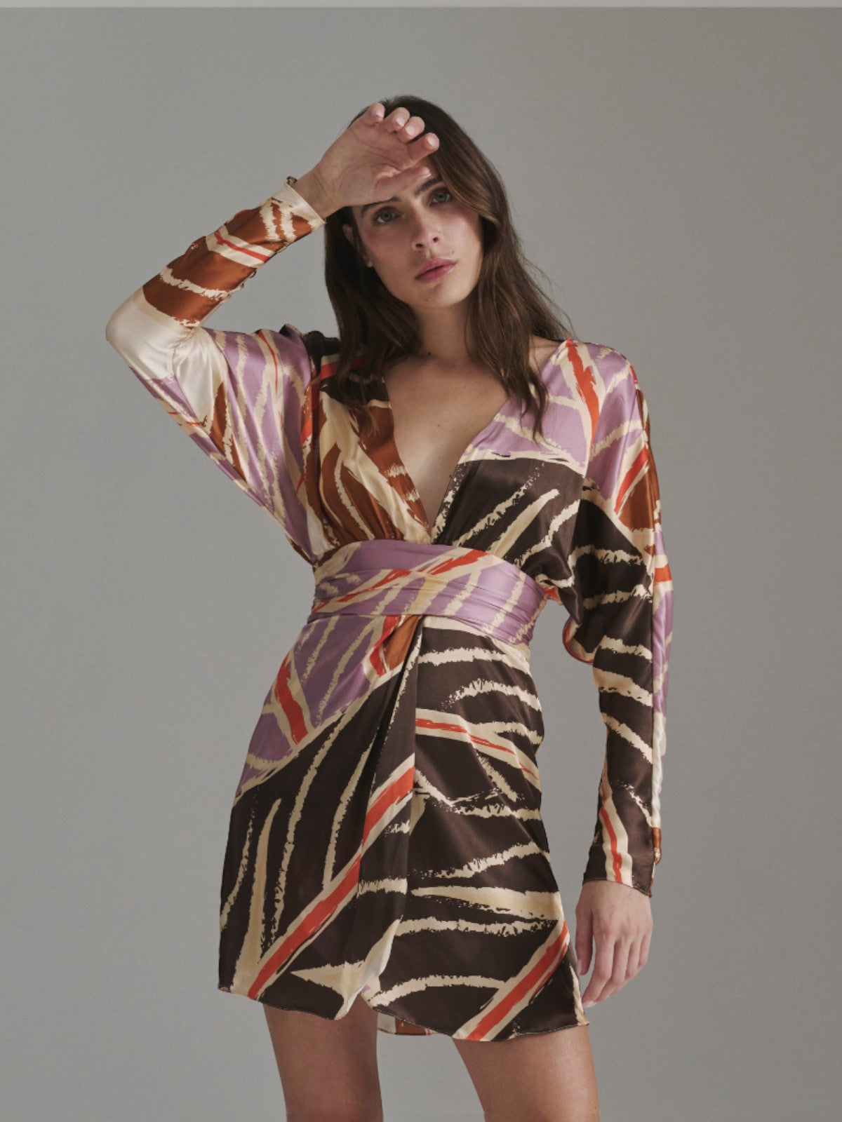 Grecia Satin Silk Mini Dress | Lilac Platanera Leaves Grecia Satin Silk Mini Dress | Lilac Platanera Leaves