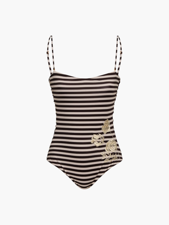 Las Balsas Embroidered One Piece | Black & White Stripes