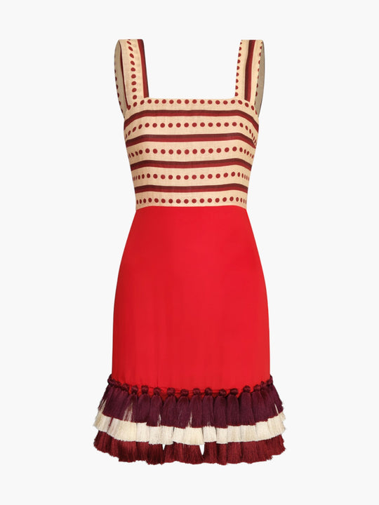 Micaela Linen Mini Dress | Red Stripes & Handmade Wine Tassels