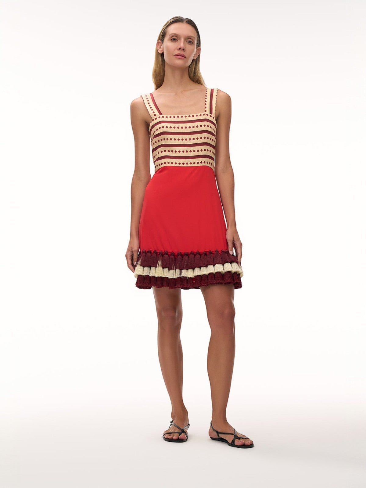 Micaela Linen Mini Dress | Red Stripes & Handmade Wine Tassels Micaela Linen Mini Dress | Red Stripes & Handmade Wine Tassels